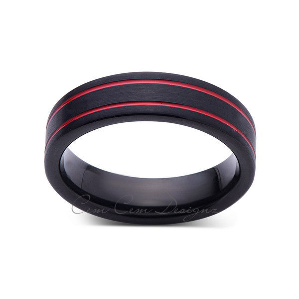 6mm,New,Unique,Black Brushed, Red Grooves,Tungsten Ring,,Wedding Band,Red Ring,Comfort Fit - LUXURY BANDS LA
