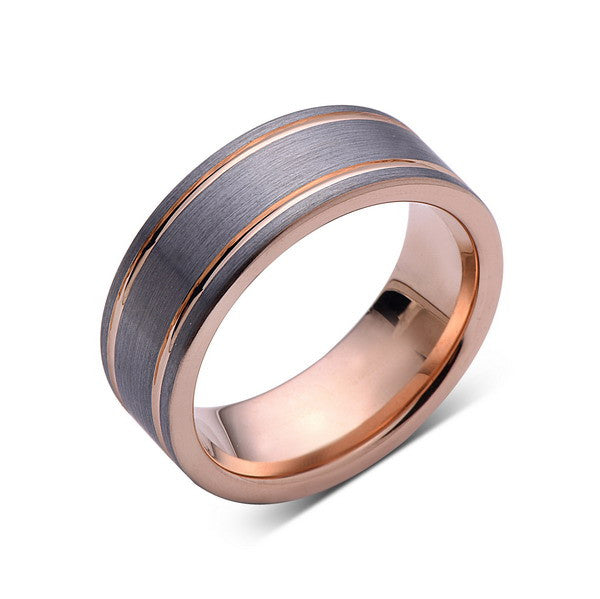 Rose Gold Tungsten Wedding Band - Gray Brushed Tungsten Ring - 8mm - Pipe Cut - Mens Ring - Tungsten Carbide - Engagement Band - Comfort Fit - LUXURY BANDS LA
