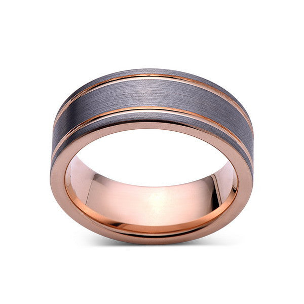 Rose Gold Tungsten Wedding Band - Gray Brushed Tungsten Ring - 8mm