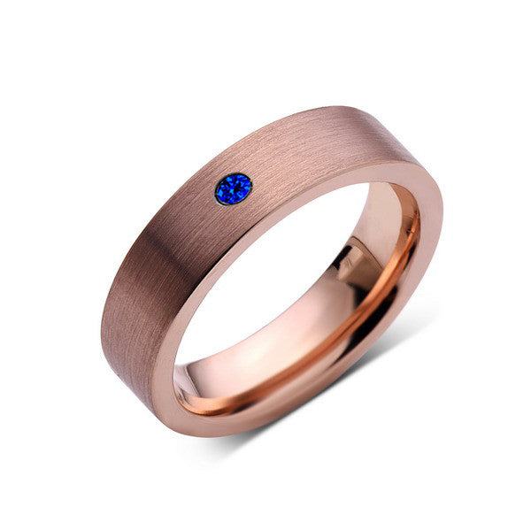 6mm,Mens,Blue Sapphire,Brushed,Rose Gold,Tungsten Ring,Pipe Cut,Wedding Band,Comfort Fit - LUXURY BANDS LA