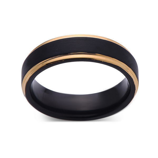 Black Tungsten Wedding Band - Black Brushed Ring - Yellow Gold - 6mm Ring - Engagment Band - Comfor Fit - LUXURY BANDS LA