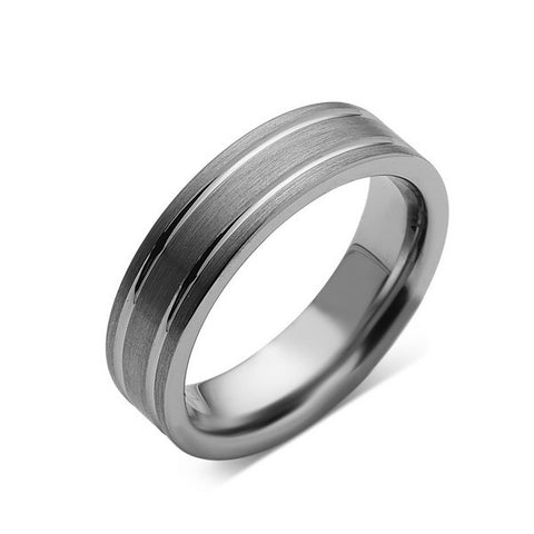 Gray Brushed Tungsten Ring - Pipe Cut - Groove - Gunmetal - 6mm - Engagement Band - LUXURY BANDS LA