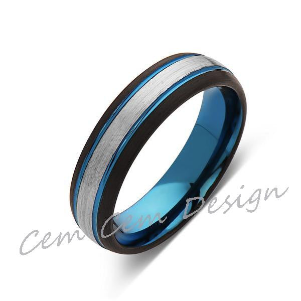 Blue Tungsten Wedding Band - Gray Brushed Tungsten Ring - 6mm - Mens Ring - Tungsten Carbide - Engagement Band - Comfort Fit - LUXURY BANDS LA