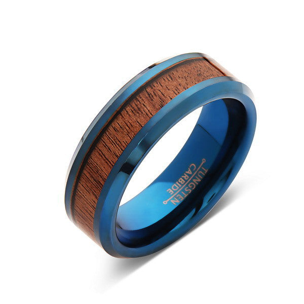 Koa Wood Wedding Ring - Blue Tungsten Band - Hawaiian Koa Wood -8mm - Mens - Comfort Fit - LUXURY BANDS LA