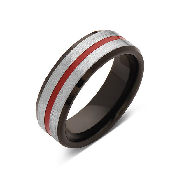 Red Tungsten Wedding Band - Gray Brushed Tungsten Ring - 8mm - Mens Ring - Tungsten Carbide - Engagement Band - Comfort Fit - LUXURY BANDS LA