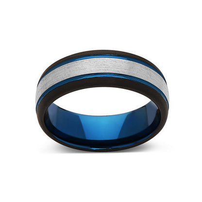 Blue Tungsten Wedding Band - Gray Brushed Tungsten Ring - 8mm - Mens Ring - Tungsten Carbide - Engagement Band - Comfort Fit - LUXURY BANDS LA