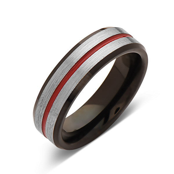 Red Tungsten Wedding Band - Gray Brushed Tungsten Ring - 6mm - Mens Ring - Tungsten Carbide - Engagement Band - Comfort Fit - LUXURY BANDS LA