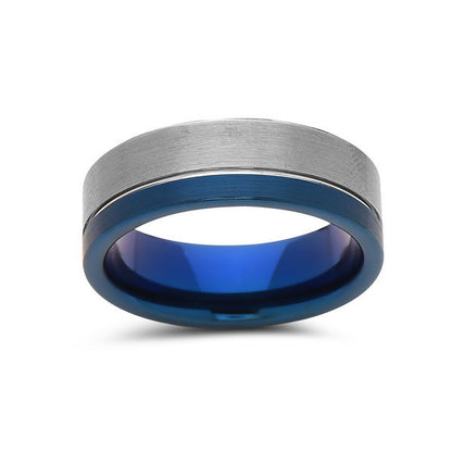 Blue Tungsten Wedding Band - Gray Brushed Tungsten Ring - 8mm - Mens Ring - Tungsten Carbide - Engagement Band - Comfort Fit - LUXURY BANDS LA