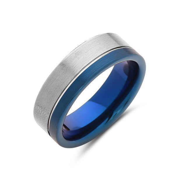 Blue Tungsten Wedding Band - Gray Brushed Tungsten Ring - 8mm - Mens Ring - Tungsten Carbide - Engagement Band - Comfort Fit - LUXURY BANDS LA