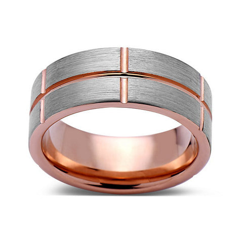 Rose Gold Tungsten Ring - Gray Brushed Wedding Band - 8 mm Ring - Cross Ring - Unique Engagment Band - Comfort Fit - LUXURY BANDS LA