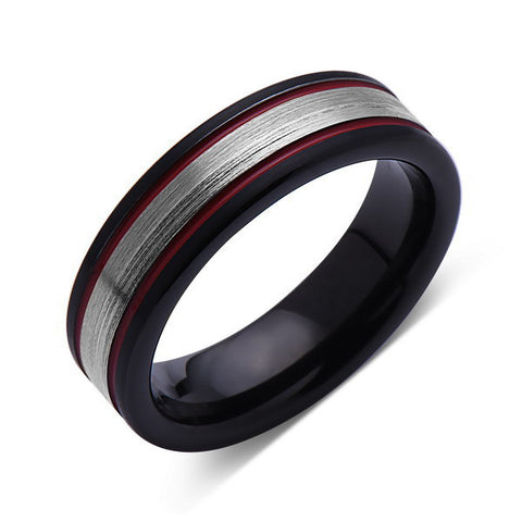 Black and Red Brushed Tungsten Ring - Gray Tungsten Wedding Band - 6mm - Mens Ring - LUXURY BANDS LA