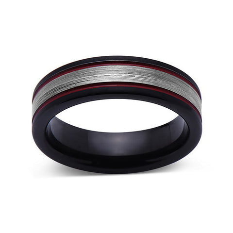 Black and Red Brushed Tungsten Ring - Gray Tungsten Wedding Band - 6mm - Mens Ring - LUXURY BANDS LA