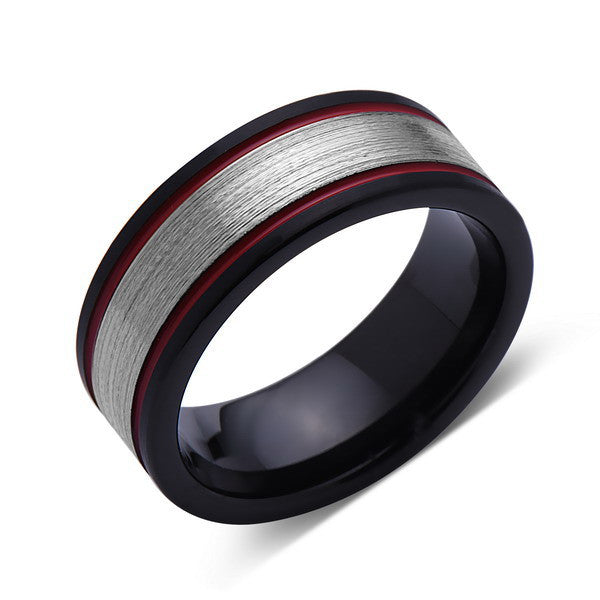 Gray and Red Brushed Tungsten Ring - Black Tungsten Wedding Band - 8mm - Mens Ring - Tungsten Carbide - Engagement Band - Comfort Fit - LUXURY BANDS LA