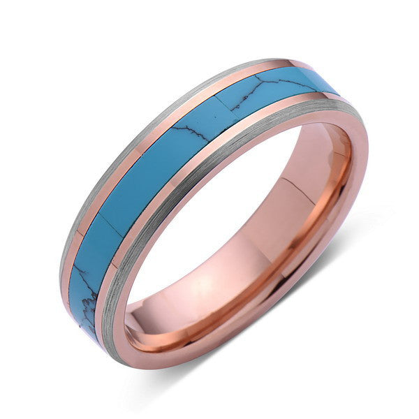 Turquoise Inlay Tungsten Ring - Rose Gold and Gray Tungsten Band - Turquoise Wedding Band - 6mm - Mens - Comfort Fit - LUXURY BANDS LA
