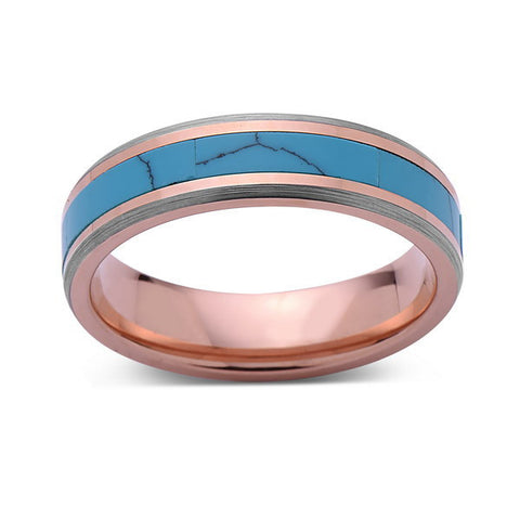 Turquoise Inlay Tungsten Ring - Rose Gold and Gray Tungsten Band - Turquoise Wedding Band - 6mm - Mens - Comfort Fit - LUXURY BANDS LA