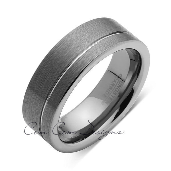 Gray Brushed Tungsten Ring - Pipe Cut - Groove - Gunmetal - 8mm - Engagement Band - LUXURY BANDS LA