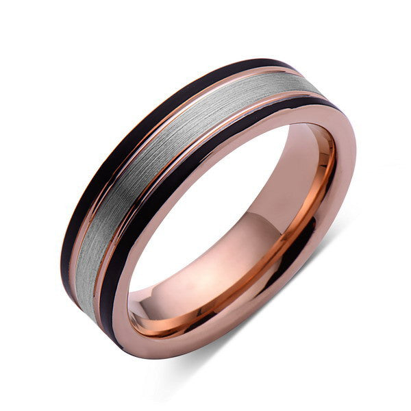Rose Gold Tungsten Wedding Band - Gray Brushed Ring - Pipe Cut - 6mm Ring - Unique Engagement Band - Comfort Fit - LUXURY BANDS LA
