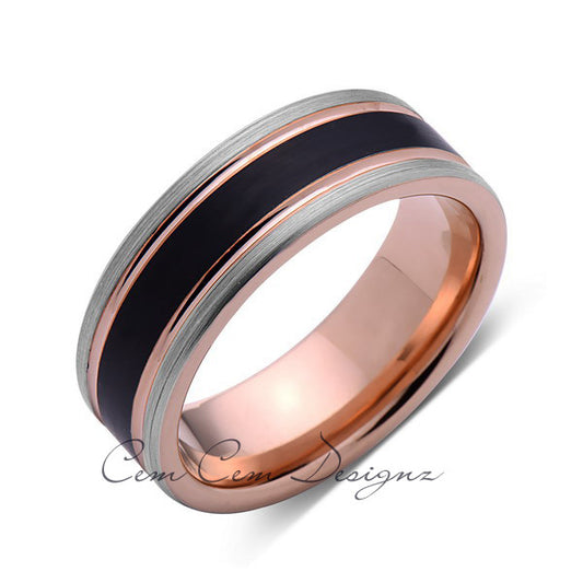 Rose Gold Tungsten Wedding Band - Black Brushed Ring - Pipe Cut - 8mm Ring - Unique Engagement Band - Comfort Fit - LUXURY BANDS LA