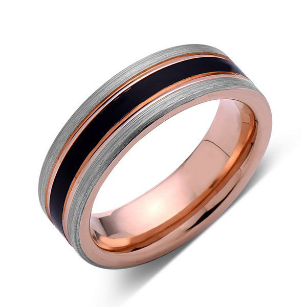 Rose Gold Tungsten Wedding Band - Black Brushed Ring - Pipe Cut - 6mm Ring - Unique Engagement Band - Comfort Fit - LUXURY BANDS LA