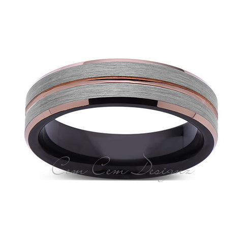 6mm,Brushed Gun Metal,Gray and Black Brushed,Rose Gold Groove,Tungsten Ring,Unisex Comfort Fit - LUXURY BANDS LA