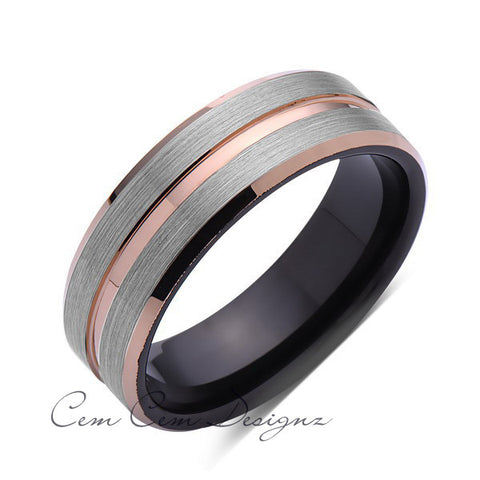 8mm,Brushed Gun Meta,Gray and Black Brushed,Rose Gold Groove,Tungsten RIng,Mens Wedding Band,Comfort Fit - LUXURY BANDS LA