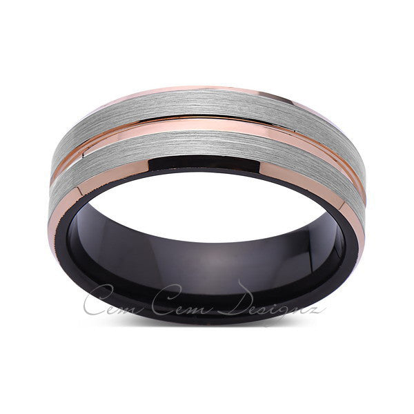 8mm,Brushed Gun Meta,Gray and Black Brushed,Rose Gold Groove,Tungsten RIng,Mens Wedding Band,Comfort Fit - LUXURY BANDS LA
