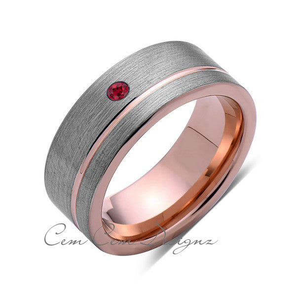 8mm,Mens,Red Ruby,Ring,Brushed,Rose Gold,Tungsten Ring,Birthstone,Wedding Band,Comfort Fit - LUXURY BANDS LA