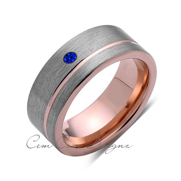8mm,Mens,Blue Sapphire Ring,Brushed,Rose Gold,Tungsten Ring,Rose Gold,Wedding Band,Comfort Fit - LUXURY BANDS LA