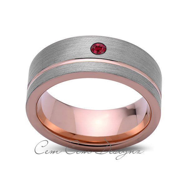 8mm,Mens,Red Ruby,Ring,Brushed,Rose Gold,Tungsten Ring,Birthstone,Wedding Band,Comfort Fit - LUXURY BANDS LA