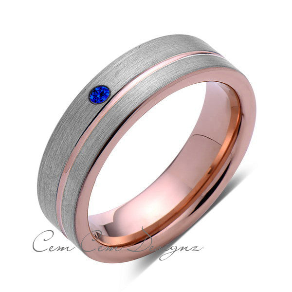 6mm,Mens,Blue Sapphire Ring,Brushed,Rose Gold,Tungsten Ring,Rose Gold,Wedding Band,Comfort Fit - LUXURY BANDS LA