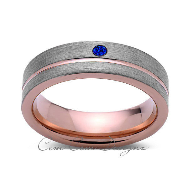 6mm,Mens,Blue Sapphire Ring,Brushed,Rose Gold,Tungsten Ring,Rose Gold,Wedding Band,Comfort Fit - LUXURY BANDS LA