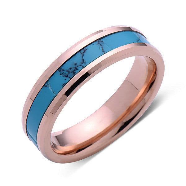 Turquoise Inlay Tungsten Ring - Rose Gold Tungsten Band - Turquoise Wedding Band - 6mm - Mens - Comfort Fit - LUXURY BANDS LA
