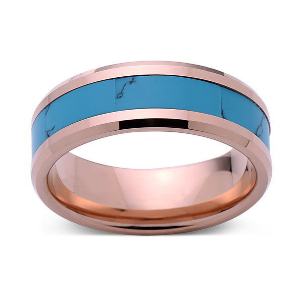 Turquoise Inlay Tungsten Ring - Rose Gold Tungsten Band - Turquoise Wedding Band - 8mm - Mens - Comfort Fit - LUXURY BANDS LA