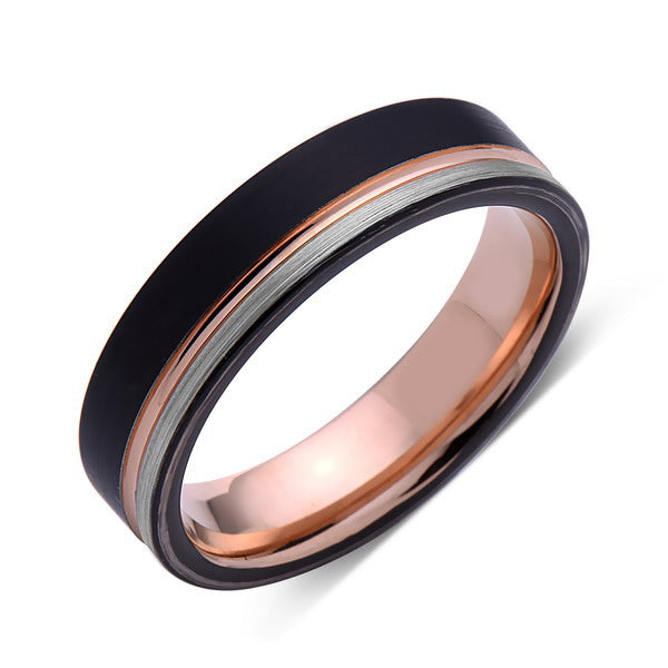 Rose Gold Tungsten Wedding Band - Black and Gray Brushed Tungsten Ring - 6mm - Mens Ring - Tungsten Carbide - Engagement Band - Comfort Fit - LUXURY BANDS LA