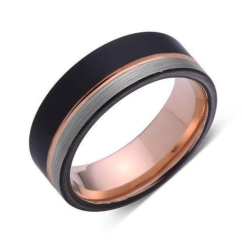 Rose Gold Tungsten Wedding Band - Black and Gray Brushed Tungsten Ring - 8mm - Mens Ring - Tungsten Carbide - Engagement Band - Comfort Fit - LUXURY BANDS LA