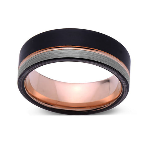 Rose Gold Tungsten Wedding Band - Black and Gray Brushed Tungsten Ring - 8mm - Mens Ring - Tungsten Carbide - Engagement Band - Comfort Fit - LUXURY BANDS LA