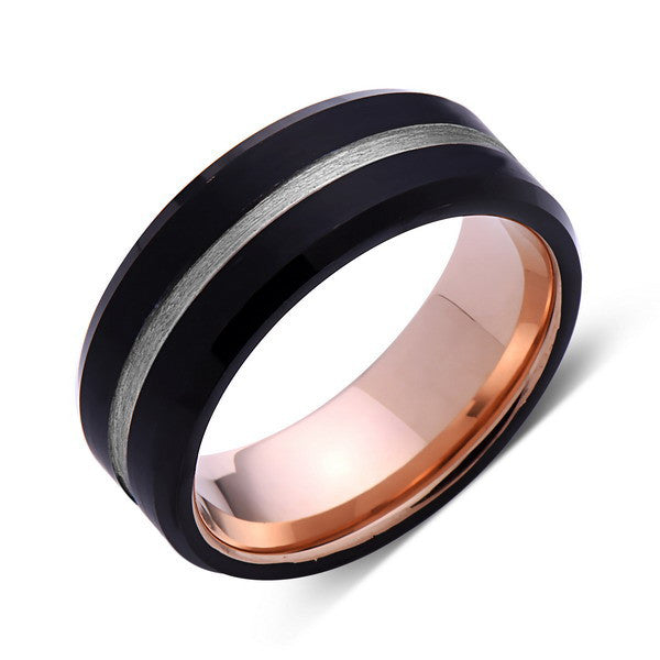 Rose Gold Tungsten Wedding Band - Black Groove Brushed Ring - 8mm Ring - Unique Engagment Band - Comfor Fit - LUXURY BANDS LA