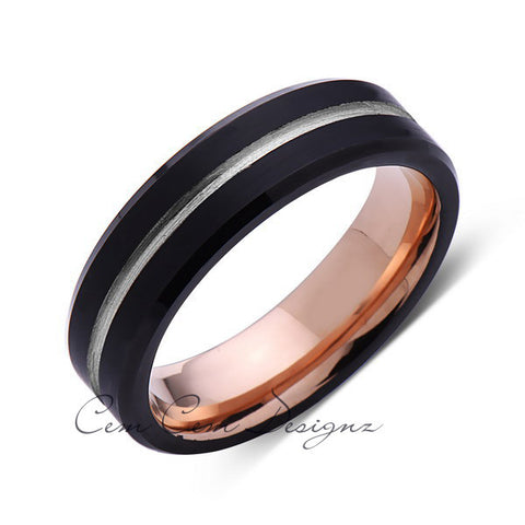 Rose Gold Tungsten Wedding Band - Black Groove Brushed Ring - 6mm Ring - Unique Engagment Band - Comfor Fit - LUXURY BANDS LA