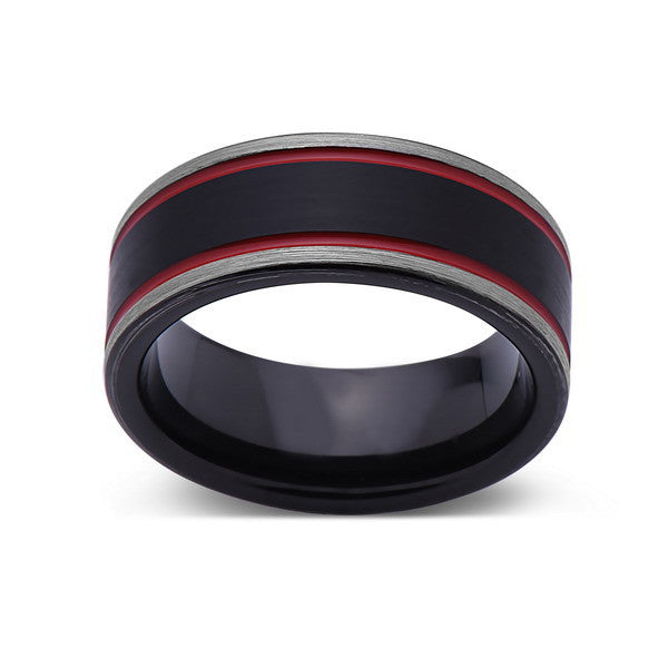 Black and Red Brushed Tungsten Ring - Gray Tungsten Wedding Band - 8mm - Mens Ring - LUXURY BANDS LA