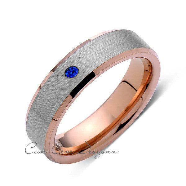 6mm,Mens,Blue Sapphire,Rose Gold,Wedding Band,,Gray,Brushed,Rose Gold,Birthstone,Tungsten Ring,Comfort Fit - LUXURY BANDS LA