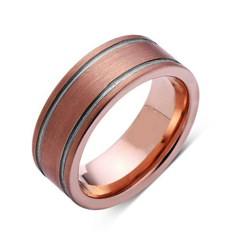 Brushed Rose Gold Tungsten Wedding Band - Tungsten Ring - 8mm - Pipe Cut - Mens Ring - Tungsten Carbide - Engagement Band - Comfort Fit - LUXURY BANDS LA
