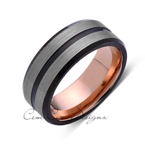 Rose Gold Tungsten Wedding Band - Black Groove - Gray Brushed Ring - 8mm Ring - Unique Engagment Band - Comfor Fit - LUXURY BANDS LA
