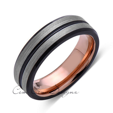 Rose Gold Tungsten Wedding Band - Black Groove - Gray Brushed Ring - 6mm Ring - Unique Engagment Band - Comfor Fit - LUXURY BANDS LA