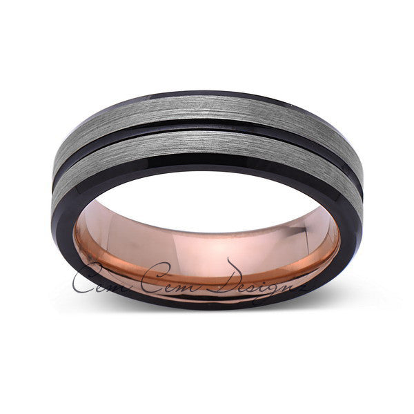 Rose Gold Tungsten Wedding Band - Black Groove - Gray Brushed Ring - 6mm Ring - Unique Engagment Band - Comfor Fit - LUXURY BANDS LA