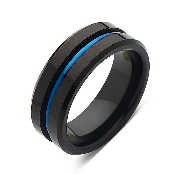 Blue Tungsten Wedding Band - Black Tungsten Ring - 8mm - Mens Ring - Tungsten Carbide - Engagement Band - Comfort Fit - LUXURY BANDS LA