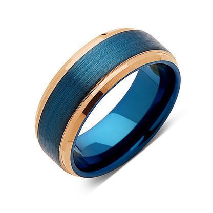 Blue Tungsten Wedding Band - Rose Gold - Stepped Edges - Brushed Tungsten Ring - 8mm - Mens Ring - Tungsten Carbide - Unique - Engagement Band - Comfort Fit - LUXURY BANDS LA