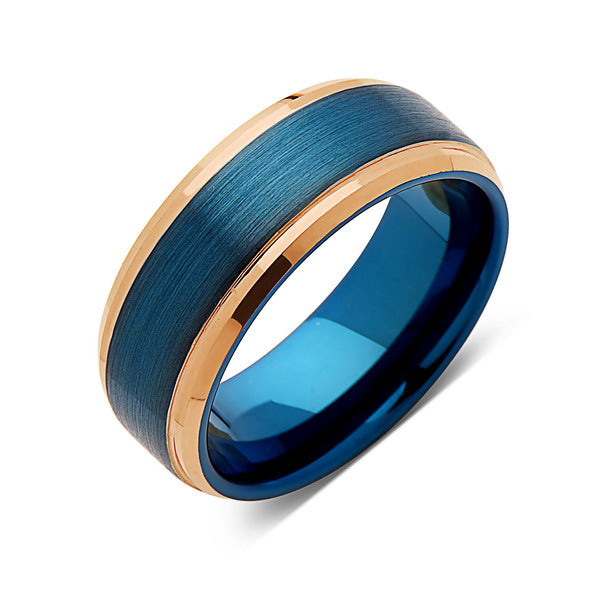 Blue Tungsten Wedding Band - Rose Gold - Stepped Edges - Brushed Tungsten Ring - 8mm - Mens Ring - Tungsten Carbide - Unique - Engagement Band - Comfort Fit - LUXURY BANDS LA