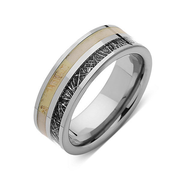 Meteorite Tungsten Wedding Band - Deer Antler Ring - 8mm Ring - Unique Engagement Band - Comfort Fit - LUXURY BANDS LA