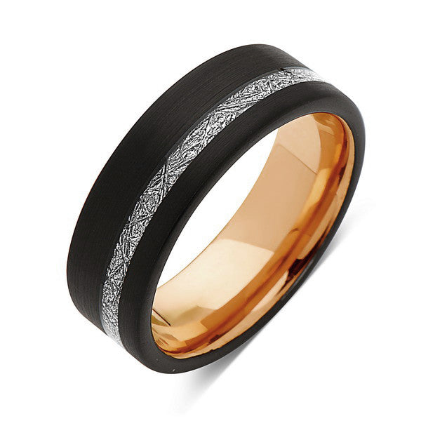 Rose Gold Tungsten Wedding Band - Meteorite Tungsten Inlay Ring - 8mm Ring - Unique Engagement Band - Comfort Fit - LUXURY BANDS LA