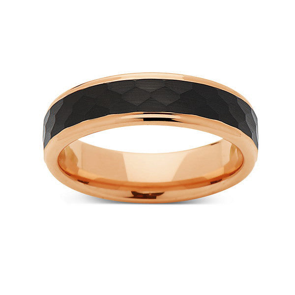 Rose Gold Tungsten Wedding Band - Hammered Engagement Ring -  Black Brushed -  6MM Ring - Unique Engagement Band - Comfort Fit - LUXURY BANDS LA